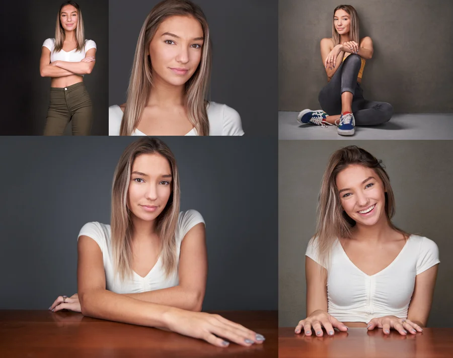 Five-image modeling comp card collage showing diverse portfolio poses, expressions, and styling examples — model comp card photography