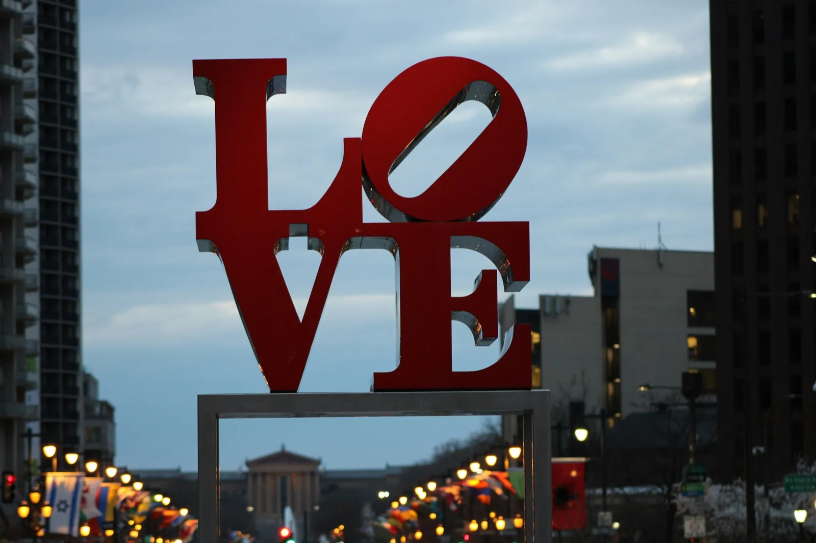 The LOVE sculpture at LOVE Park in Philadelphia at dusk