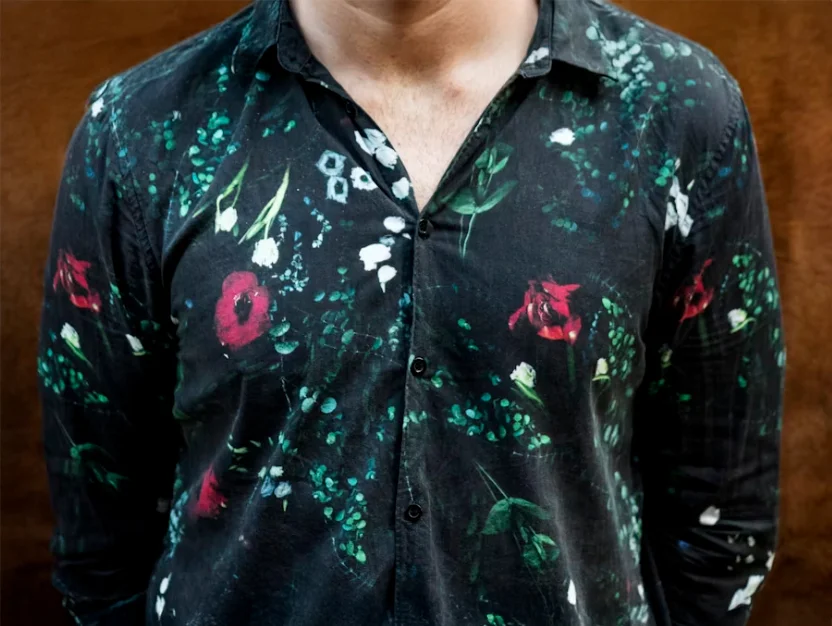 Example of distracting patterns in professional headshots showing how busy designs can pull focus from the subject's face