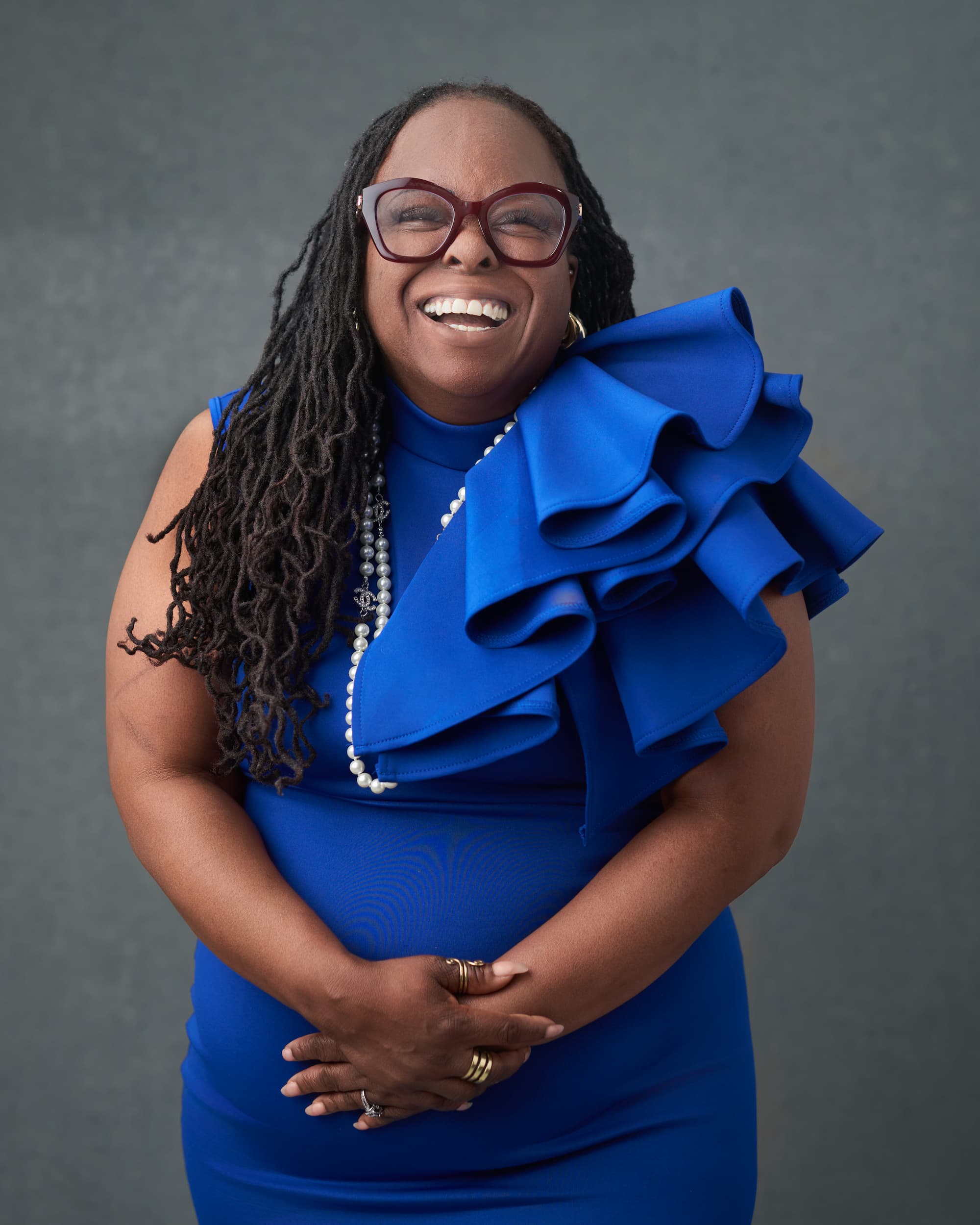 Sharon Manker laughing during professional headshot session - authentic leadership presence captured by MHamiltonVisuals Philadelphia